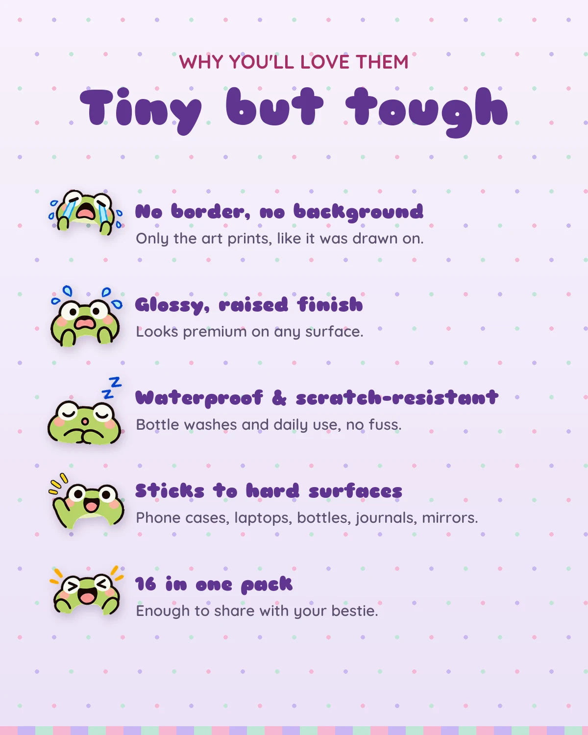 Froggy Feels mini patches: features