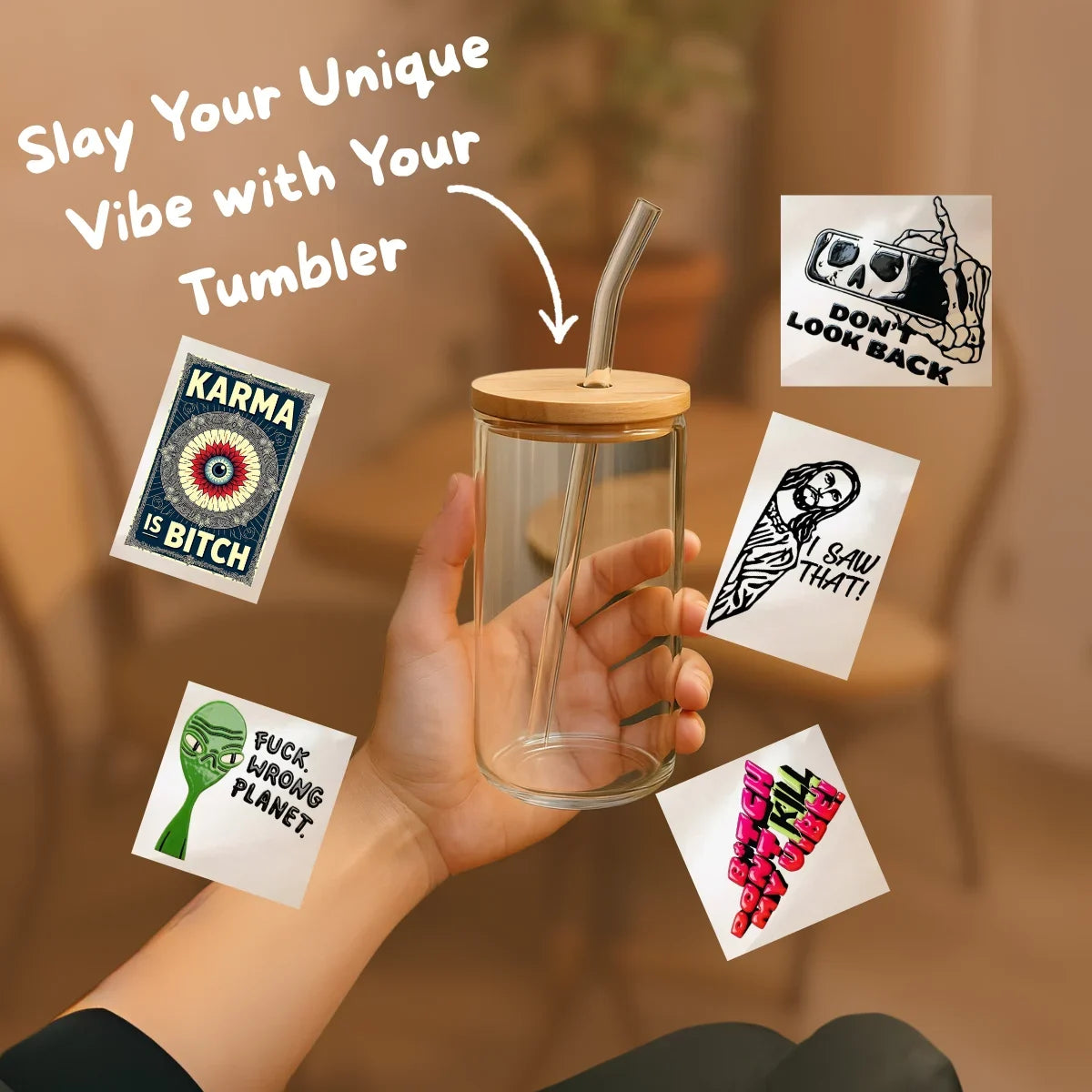 GLASSY – The DIY Tumbler | Glass + Wooden Lid + Straw | Hard Surface Patch Ready