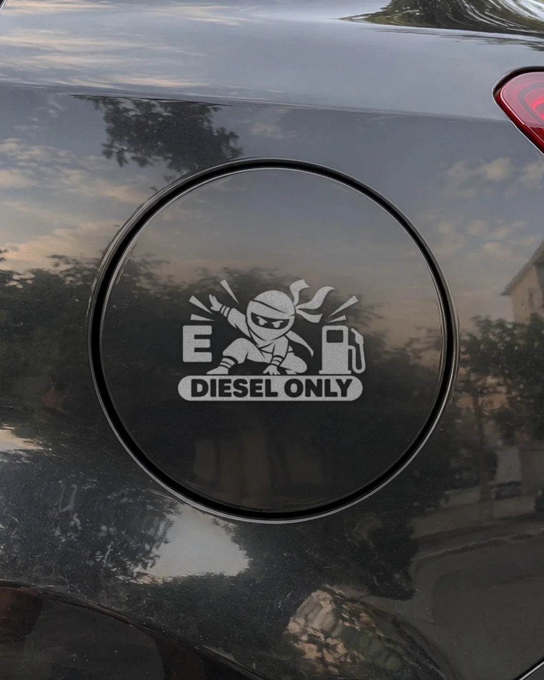 Diesel Ninja car patch in white on a car