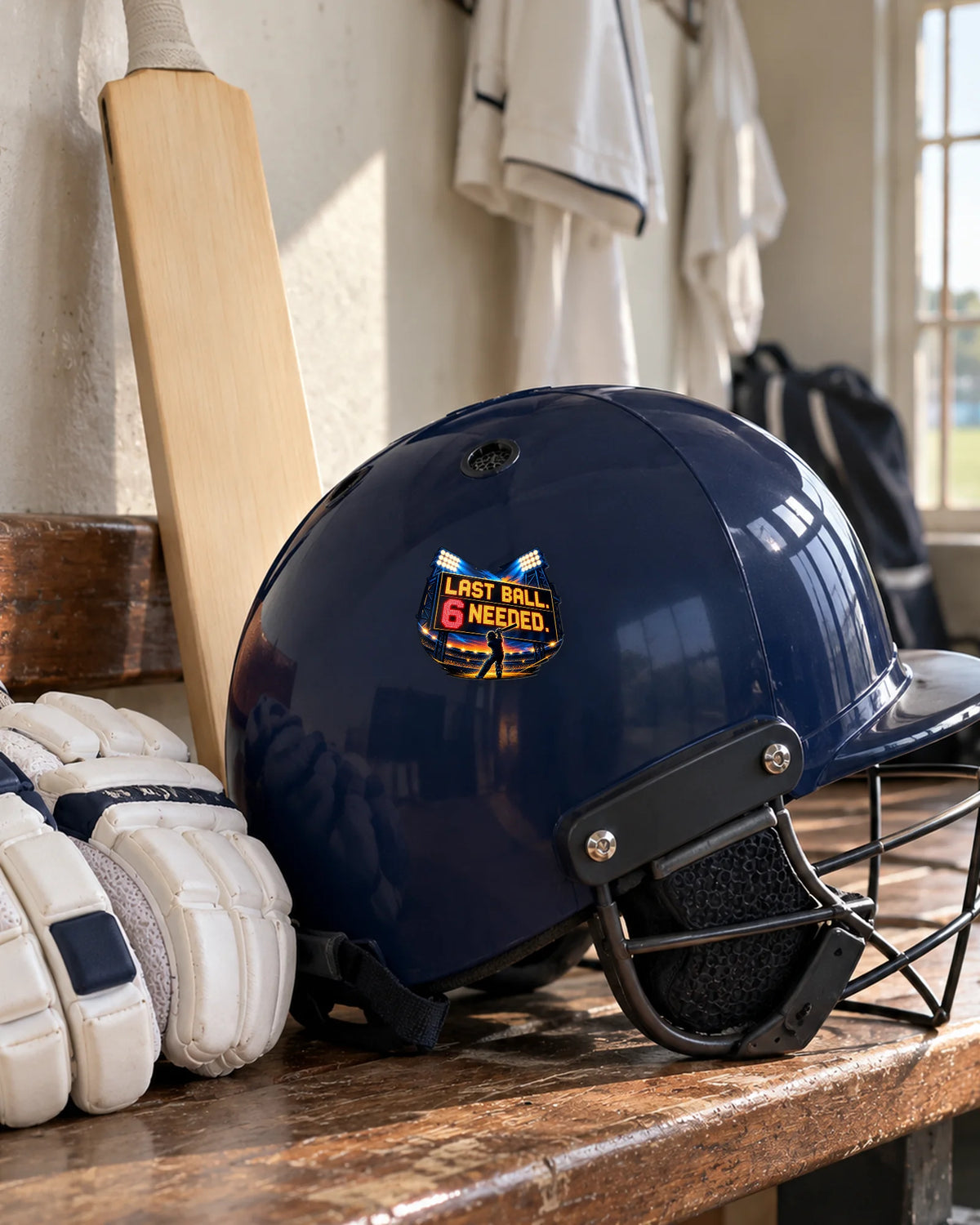 Last Ball 6 Needed patch on a cricket helmet