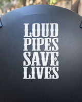 Loud Pipes Save Lives bike patch in white ink on a helmet