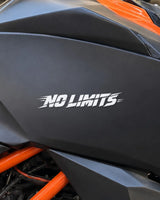 No Limits bike patch in white ink on a bike