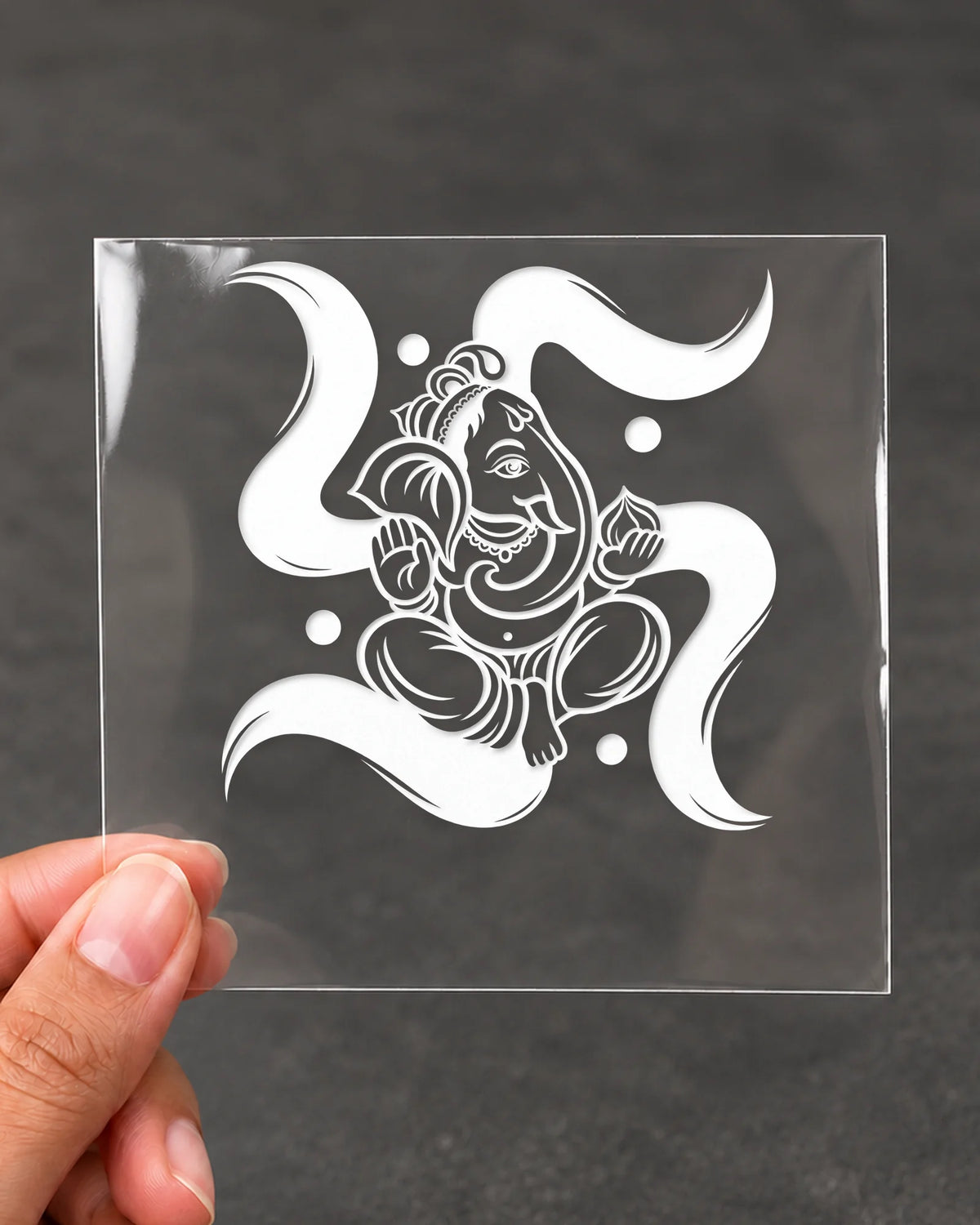 Swastik Vinayak hard surface patch in white ink on clear film