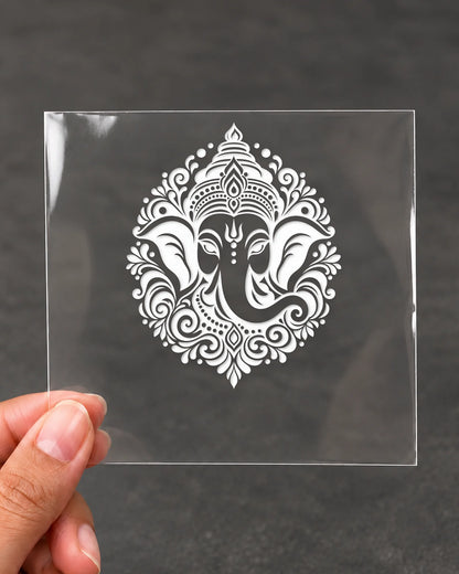 Mandala Ganesha hard surface patch in white ink on clear film