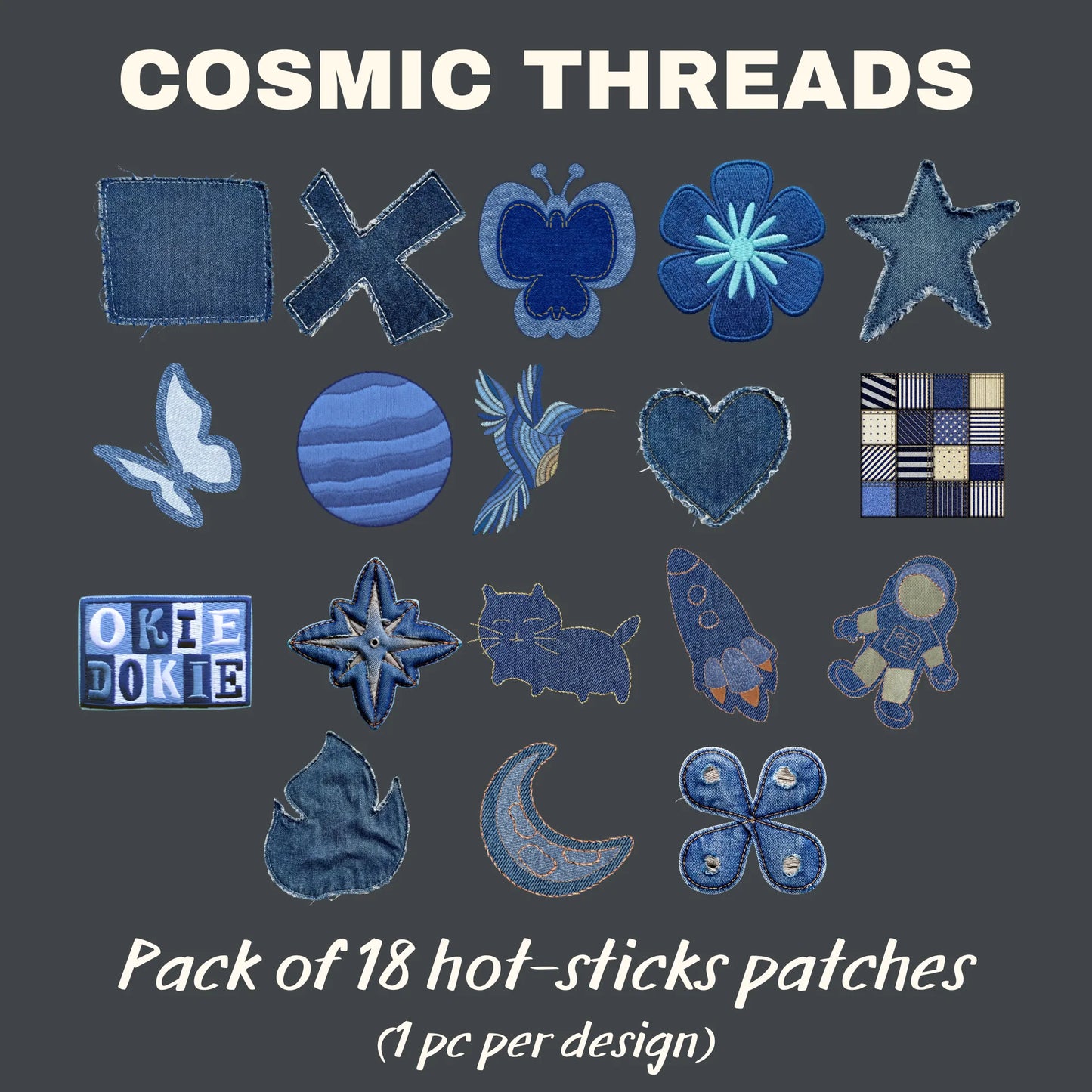 Cosmic Threads | Pack of 18 Hot-Sticks | Iron on patches