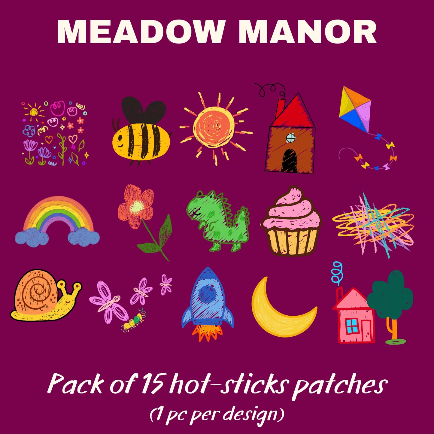 Meadow Manor | Pack of 15 Hot-Sticks | Iron on patches