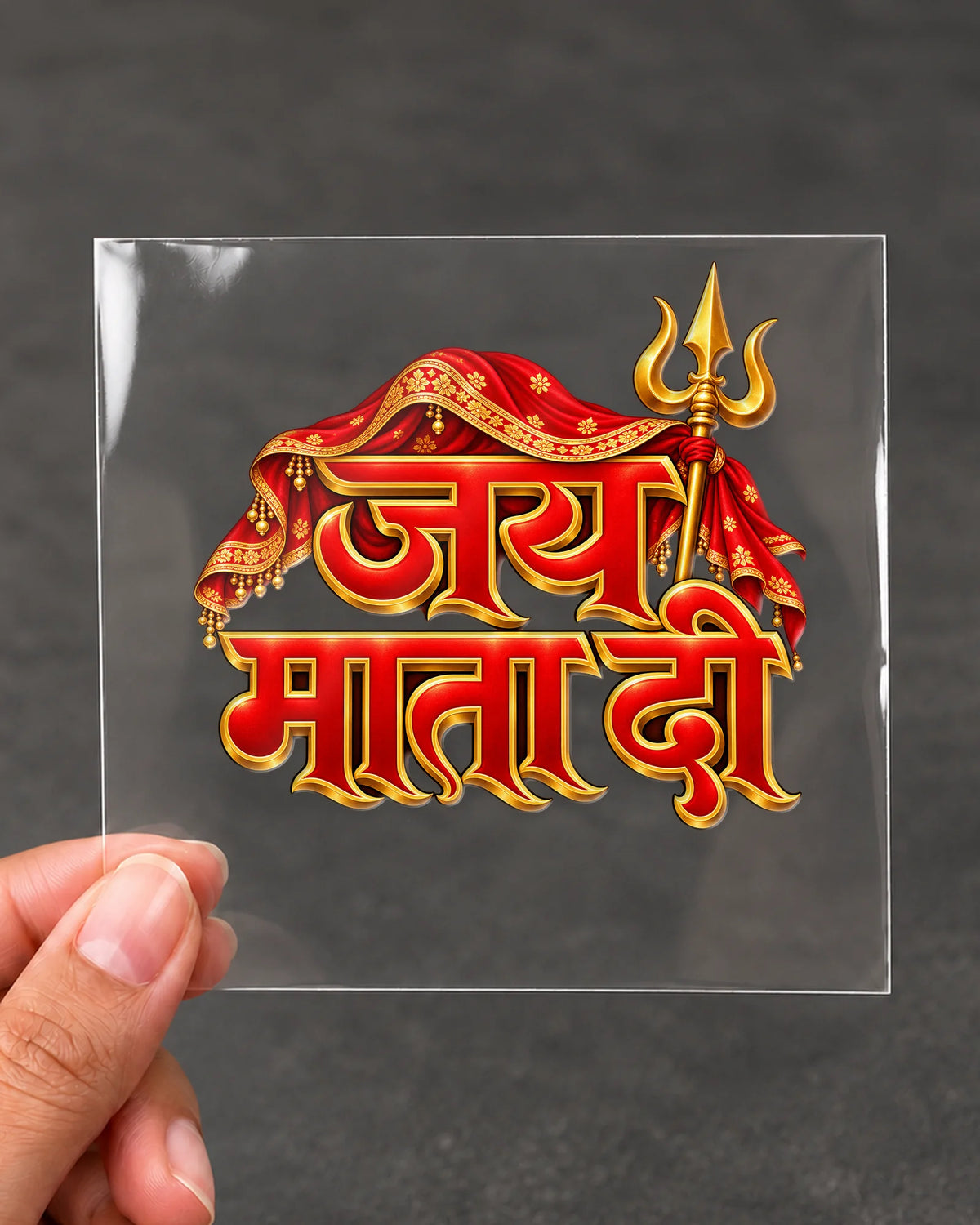 Jai Mata Di hard surface patch on clear film