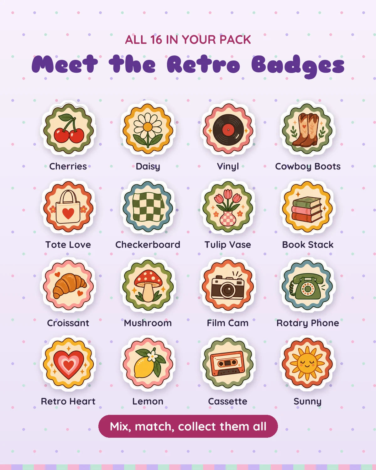 Retro Badges: all 16 pieces