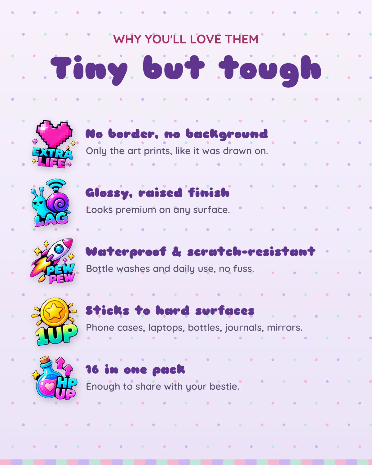 Game On mini patches: features