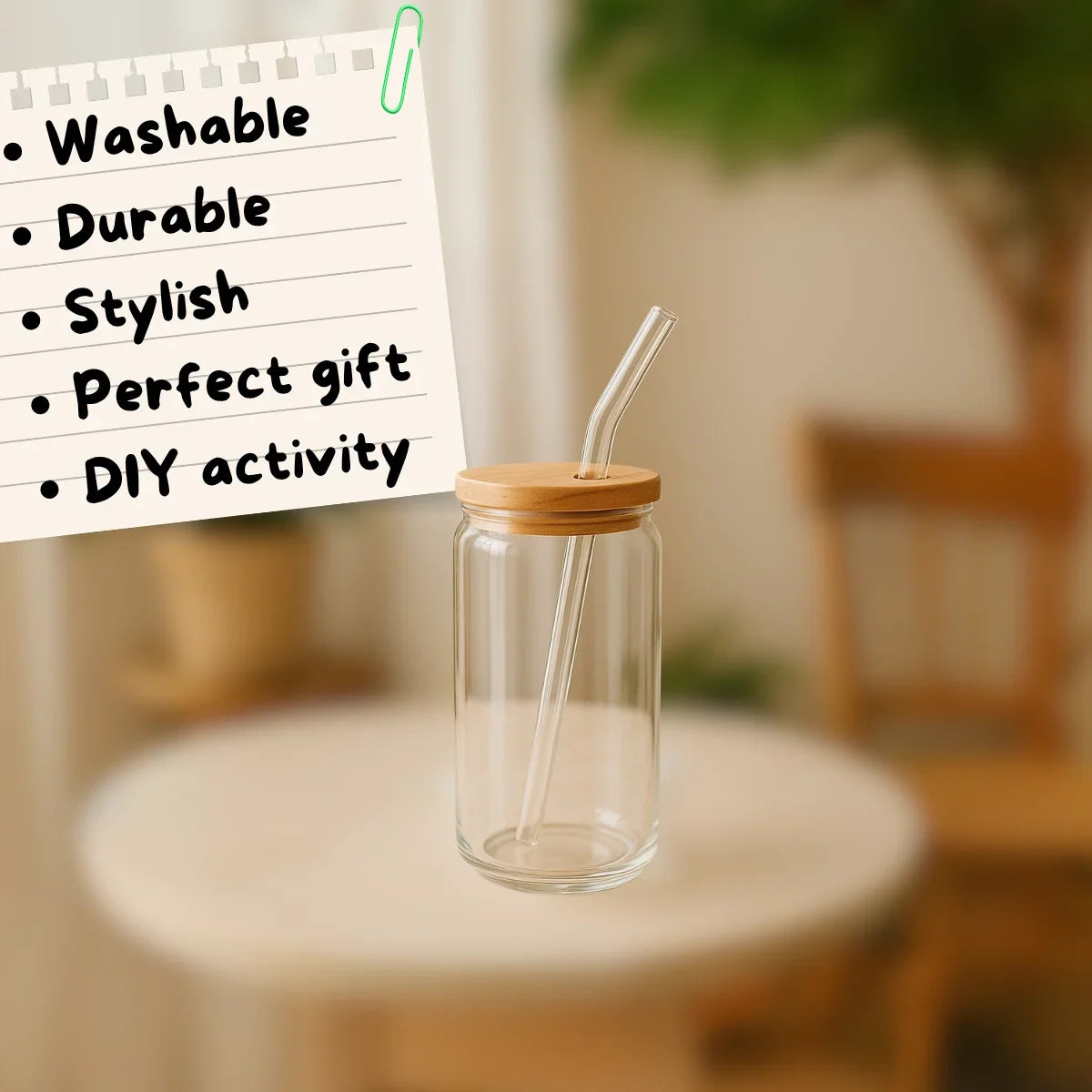 GLASSY – The DIY Tumbler | Glass + Wooden Lid + Straw | Hard Surface Patch Ready