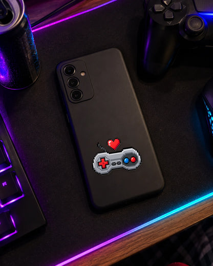 8-Bit Love gamer patch on a phone case