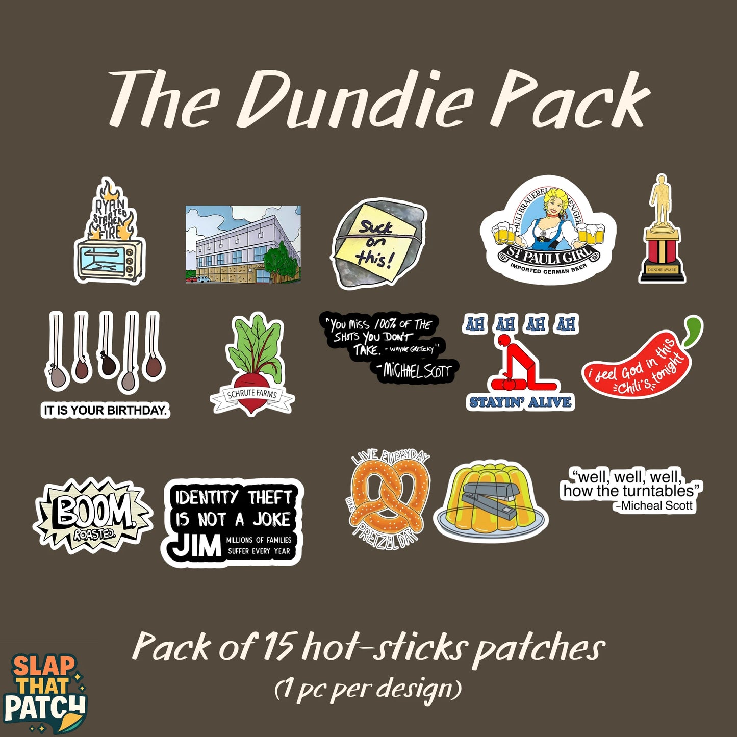 The Dundie Pack | Pack of 15 Hot-Sticks | Iron on patches