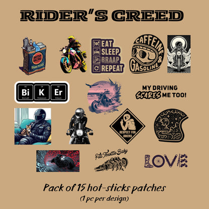 Rider's Creed | Pack of 15 Hot-Sticks | Iron on patches
