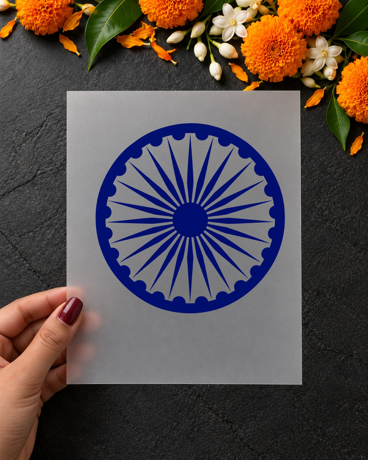 Ashoka Chakra iron-on patch in hand
