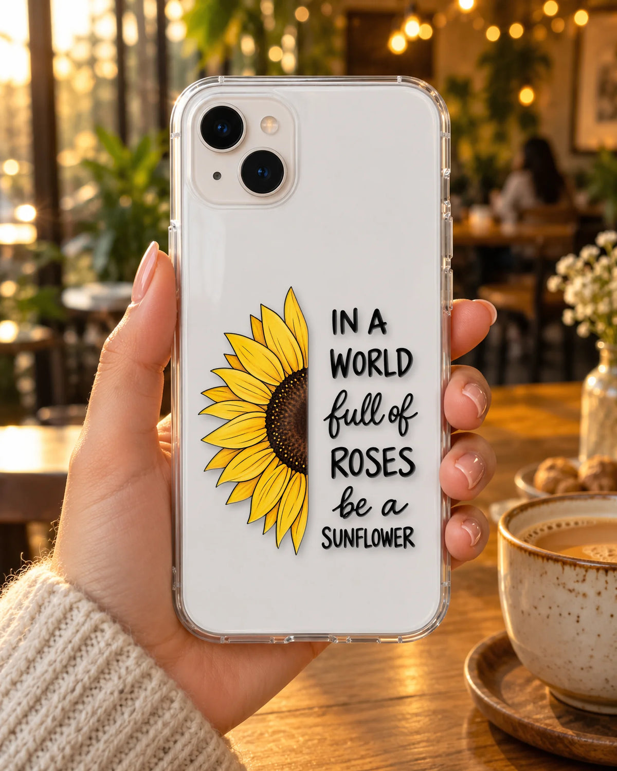 Be A Sunflower on a phone at a cafe
