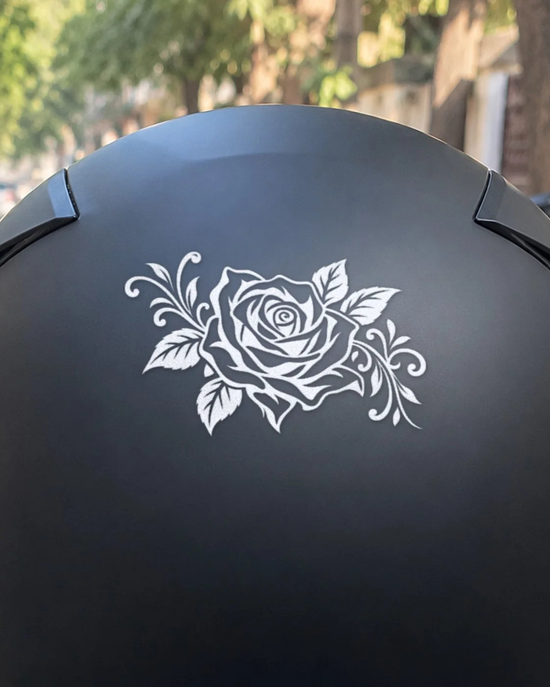 Biker Rose bike patch in white ink on a helmet