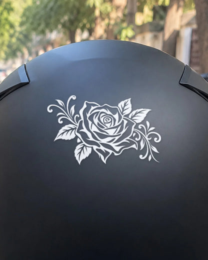 Biker Rose bike patch in white ink on a helmet