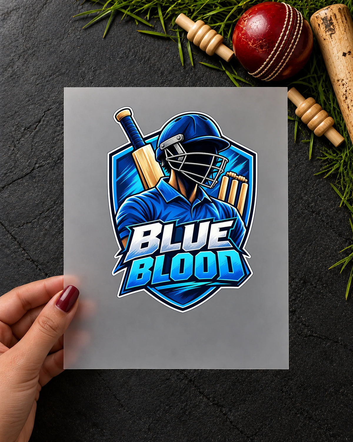 Blue Blood iron-on patch in hand