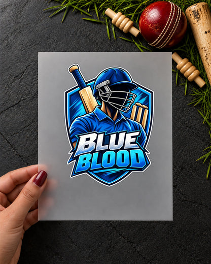 Blue Blood iron-on patch in hand