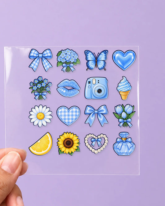 Blue Coquette mini hard surface patch sheet on clear film