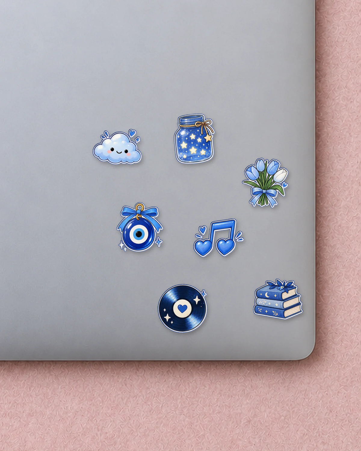 Blue Mood mini patches on a laptop