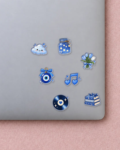 Blue Mood mini patches on a laptop