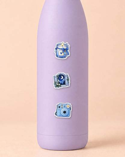 Blue Mood mini patches on a water bottle