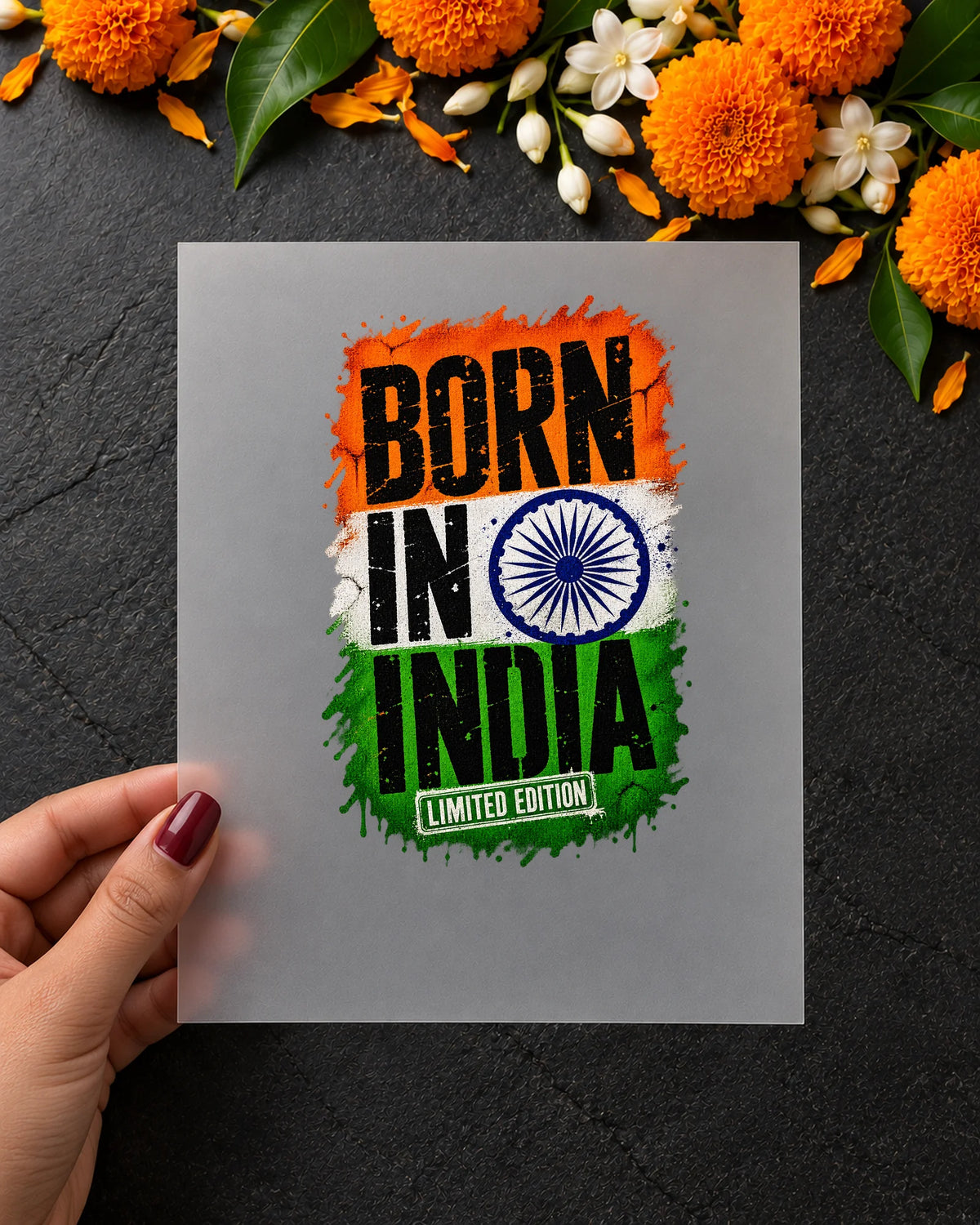Born in India Grunge iron-on patch in hand