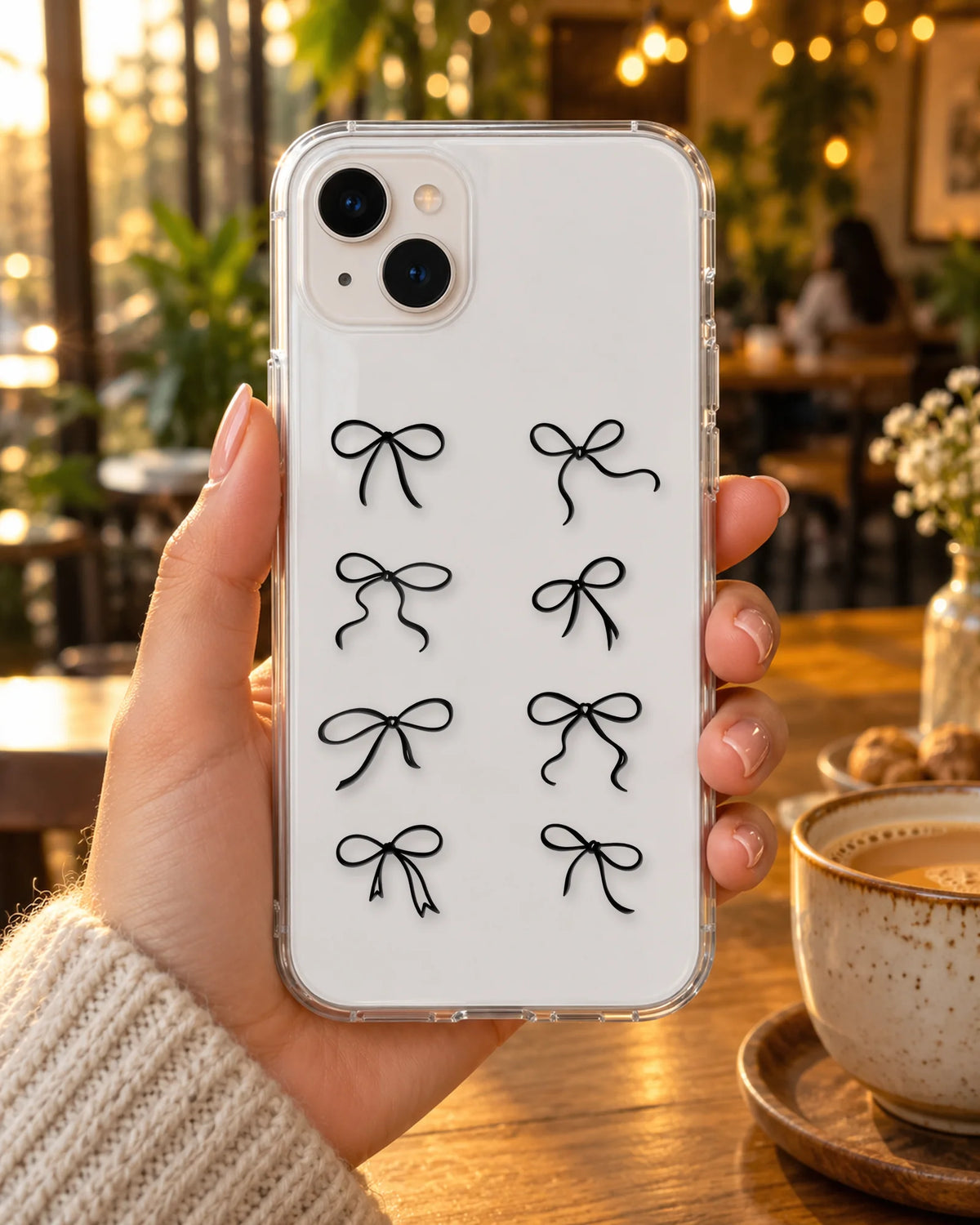 Bow Bliss on a phone at a cafe