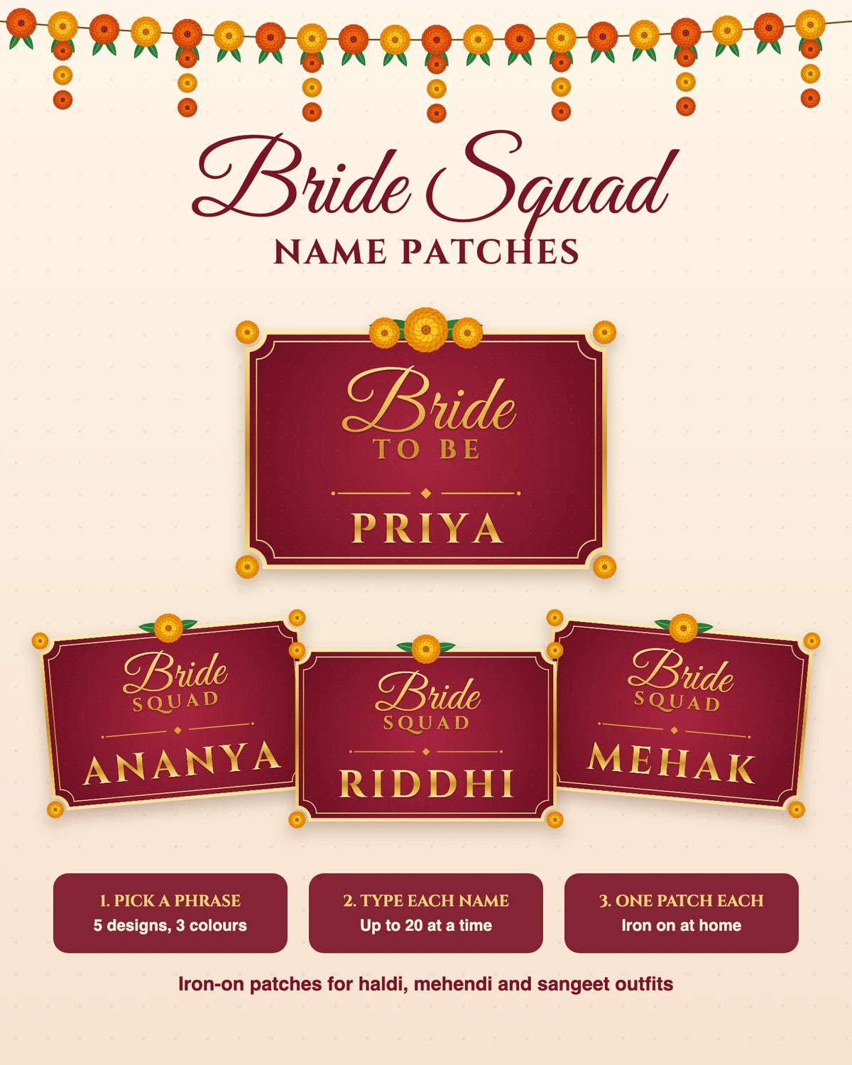 Bride Squad name patches: customised iron-on patches