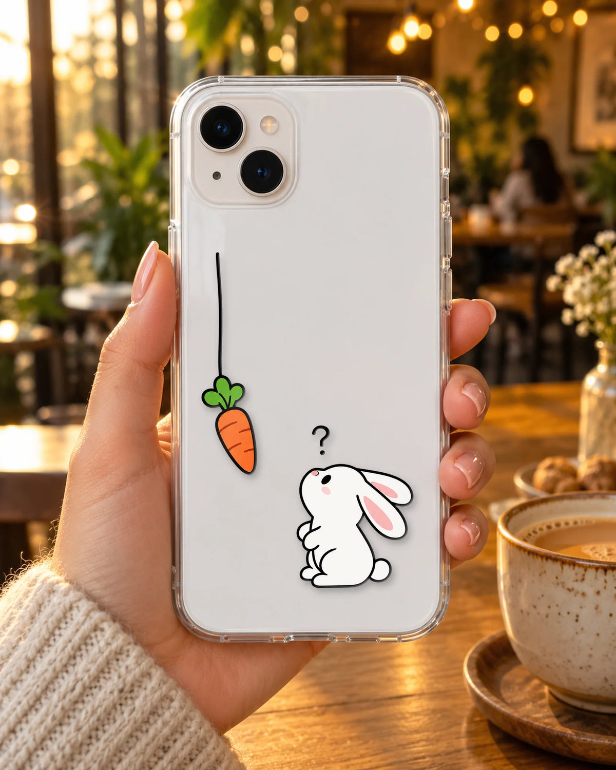 Bunny Chase on a phone at a cafe