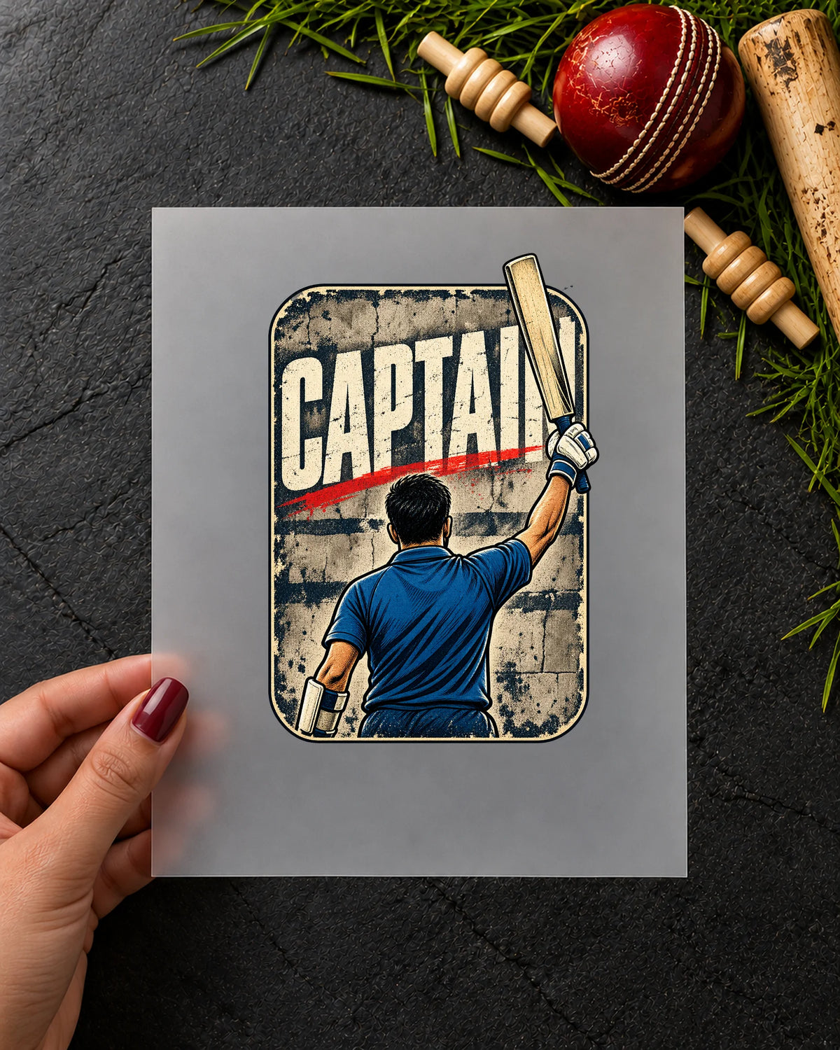 Captain Saab iron-on patch in hand
