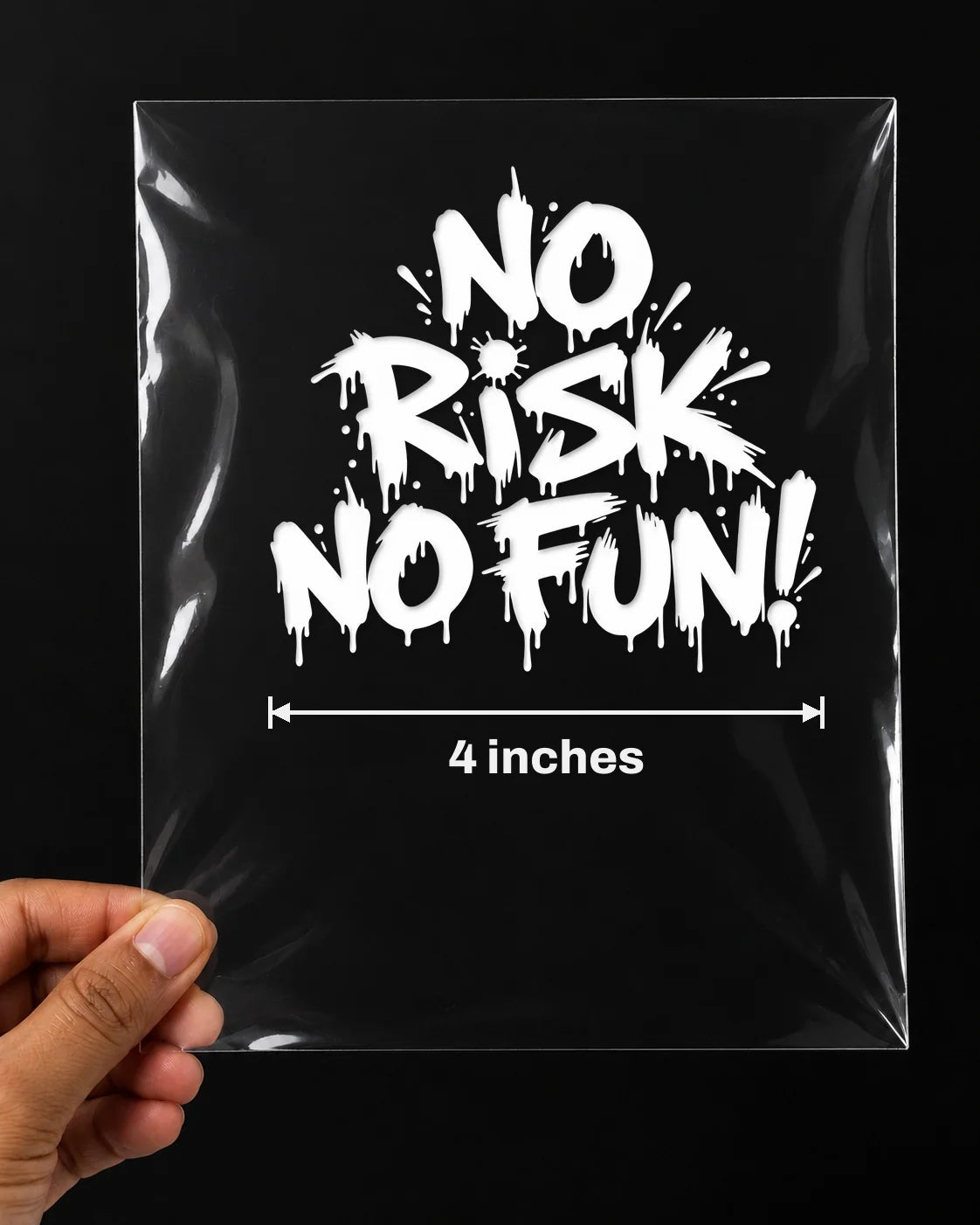 No Risk No Fun car patch in white on a car