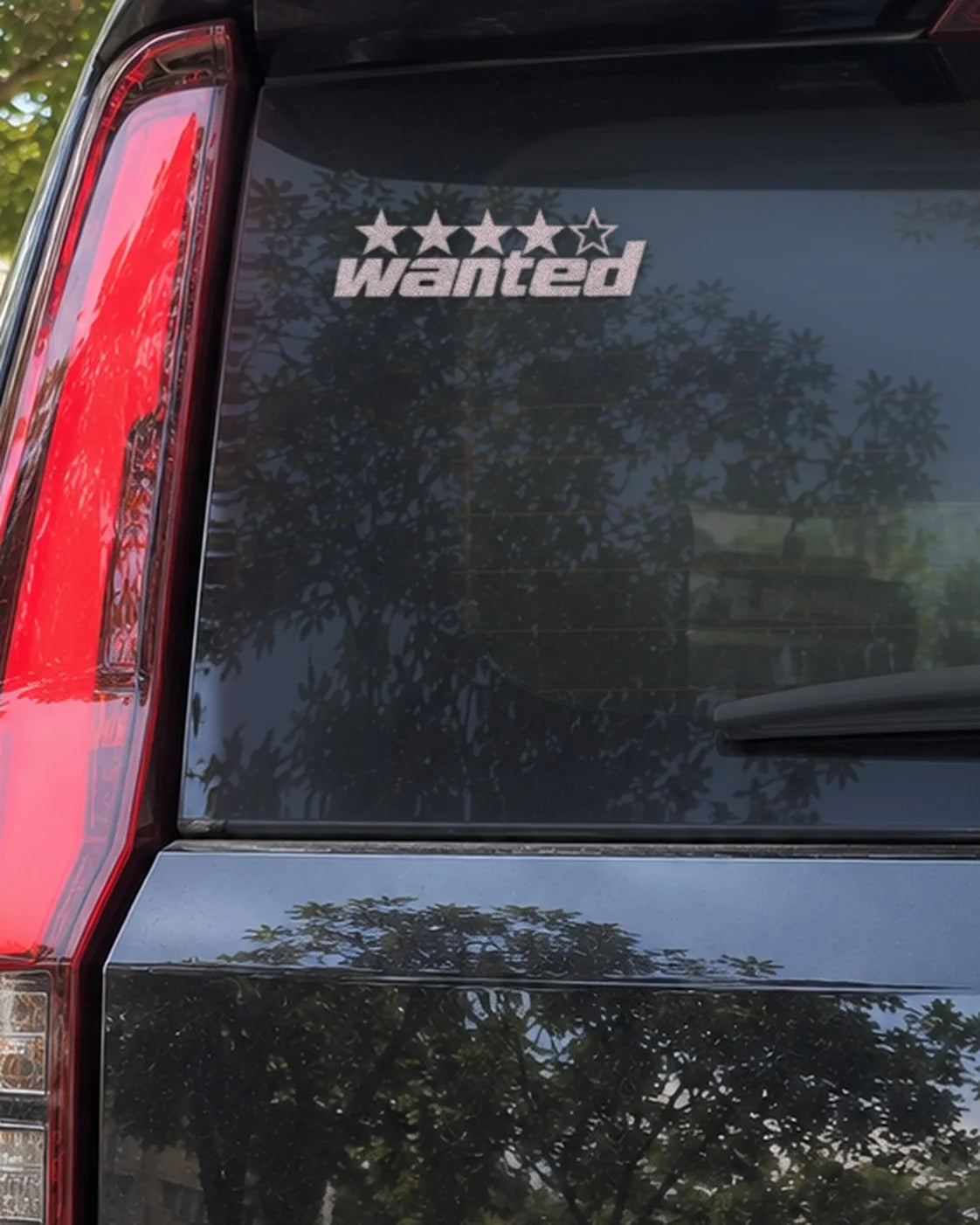 Wanted car patch in white on a car