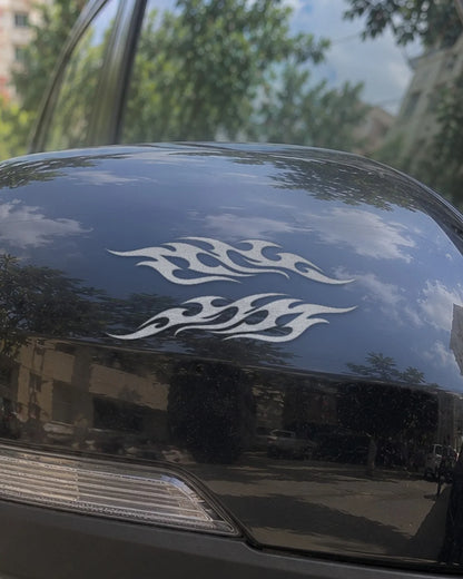 Mirror Flames car patch in white on a car