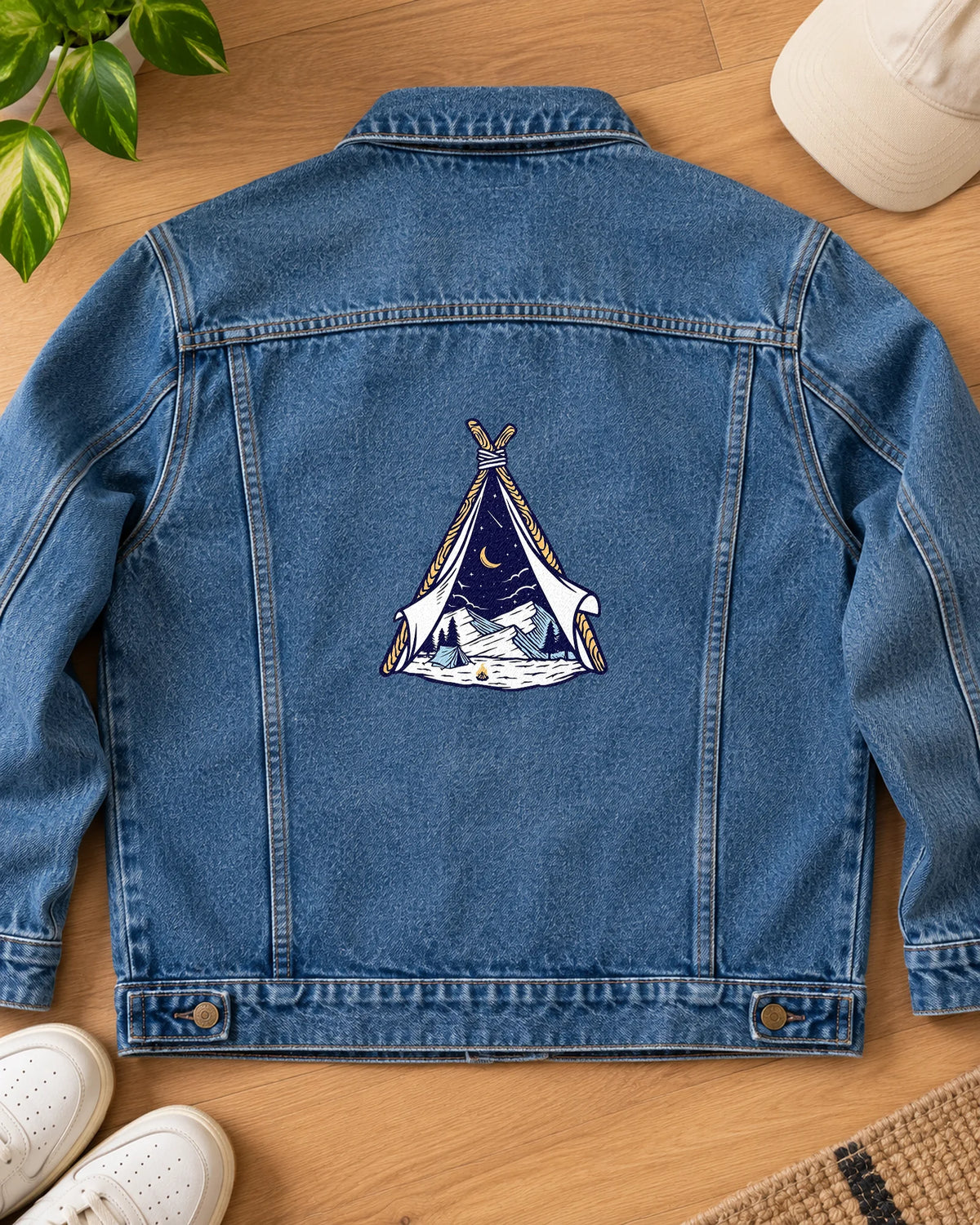 Celestial Camp iron-on patch on clothes