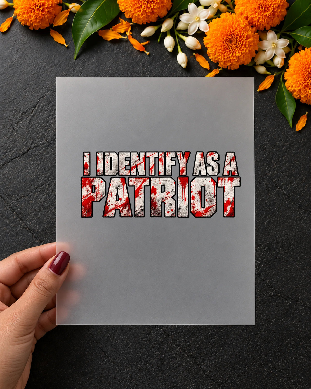 Certified Patriot iron-on patch in hand