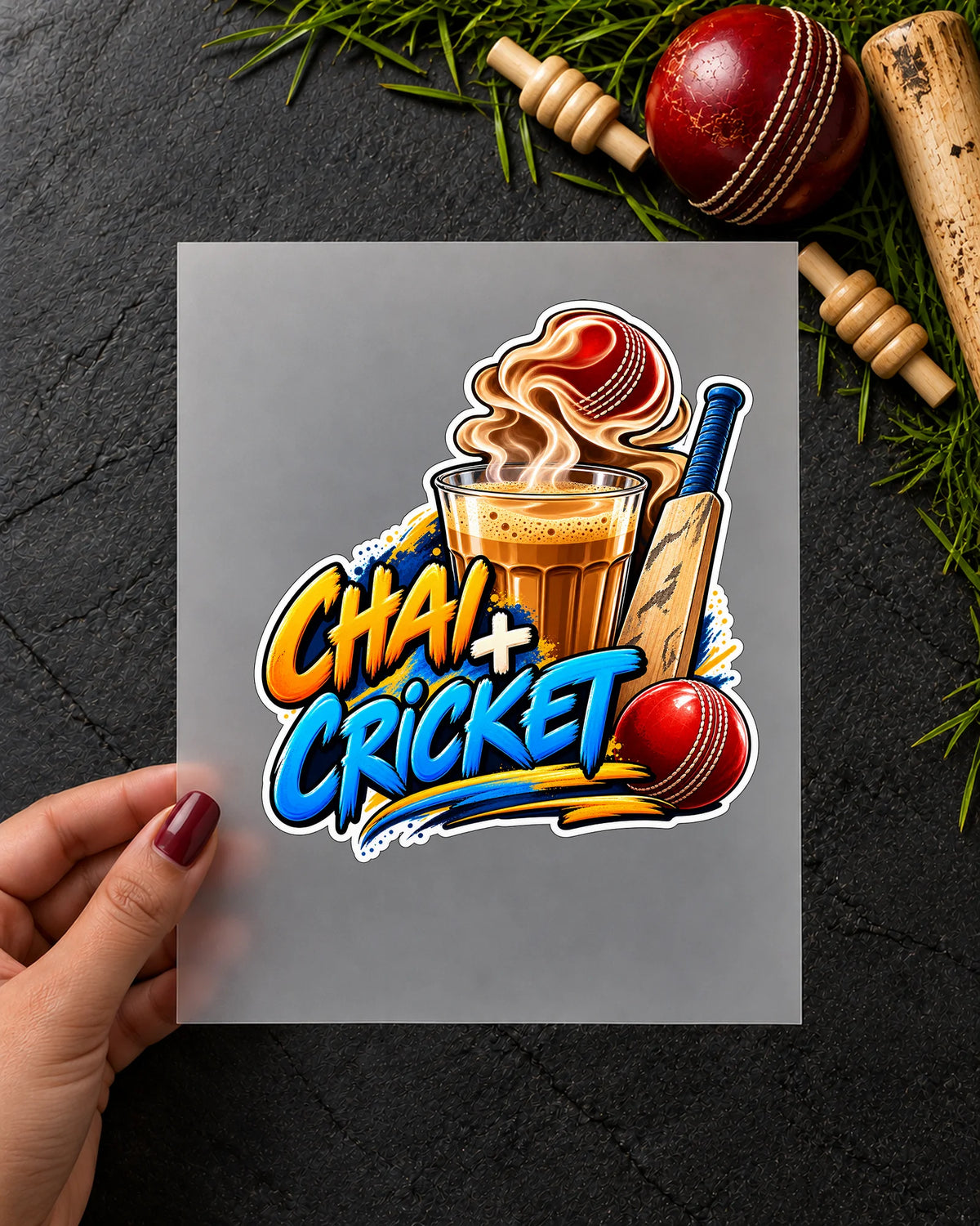 Chai Aur Cricket iron-on patch in hand