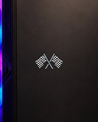 Checkered Flags gamer patch on a gaming PC cabinet