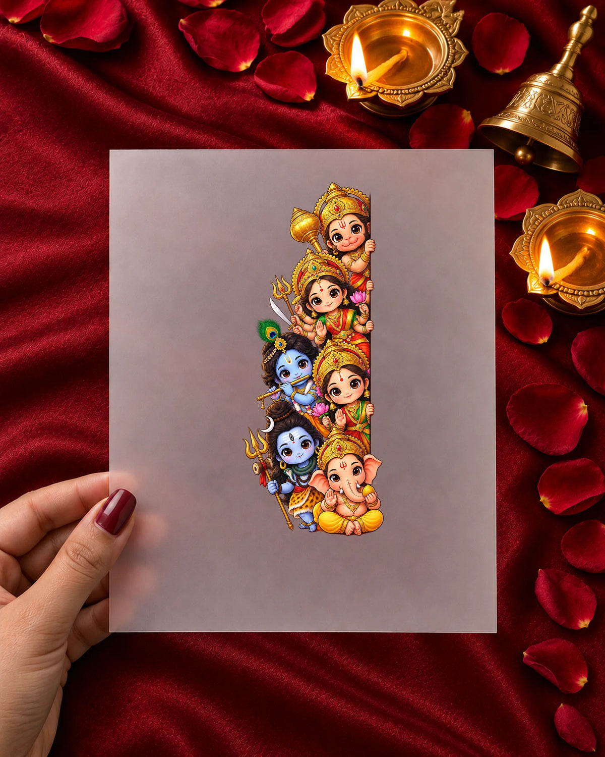 Peekaboo Bhagwan iron-on patch in hand