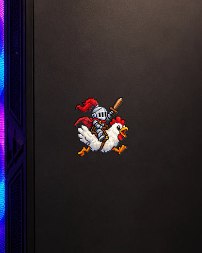 Chicken Rider gamer patch on a gaming PC cabinet