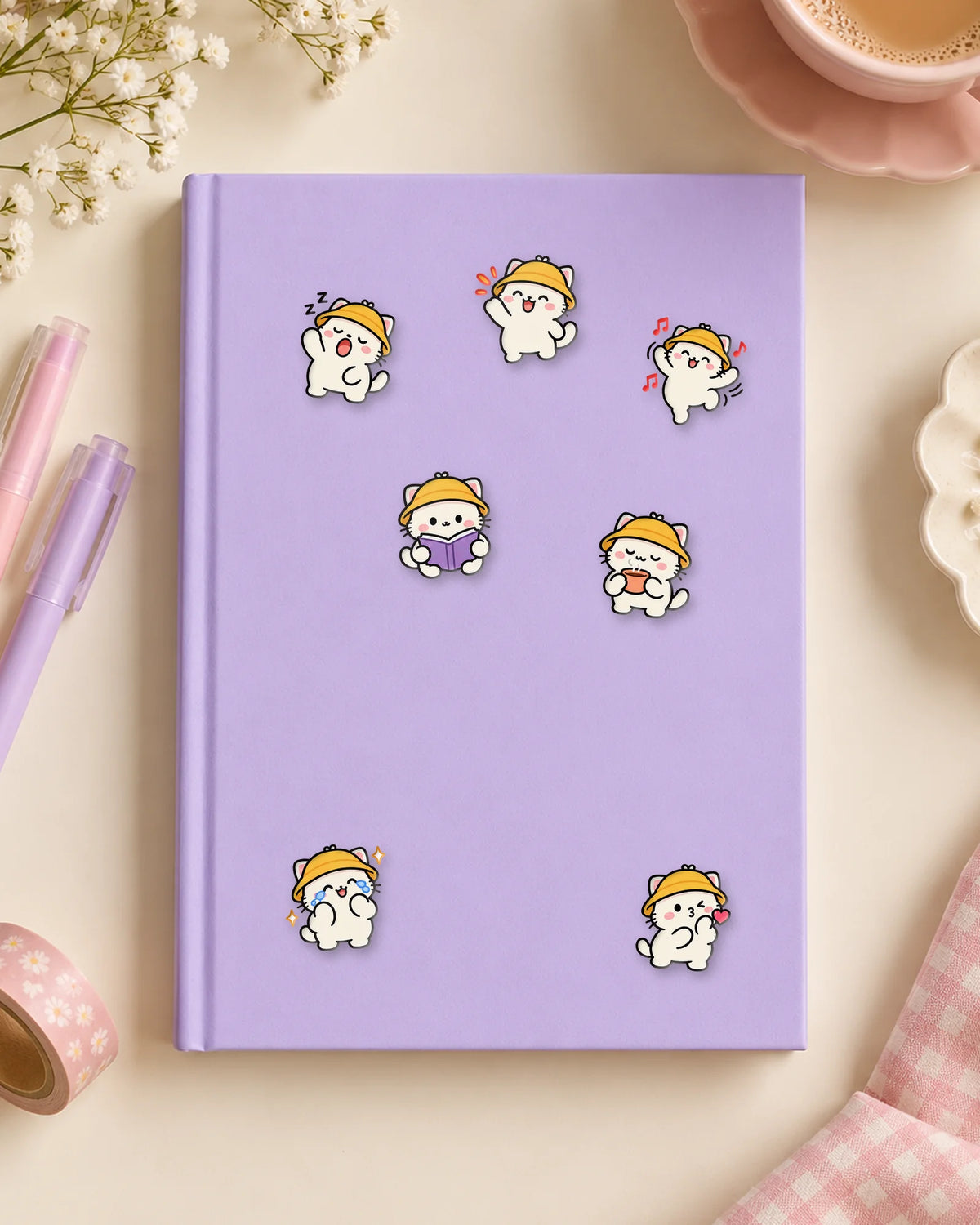 Chill Kitty mini patches on a journal