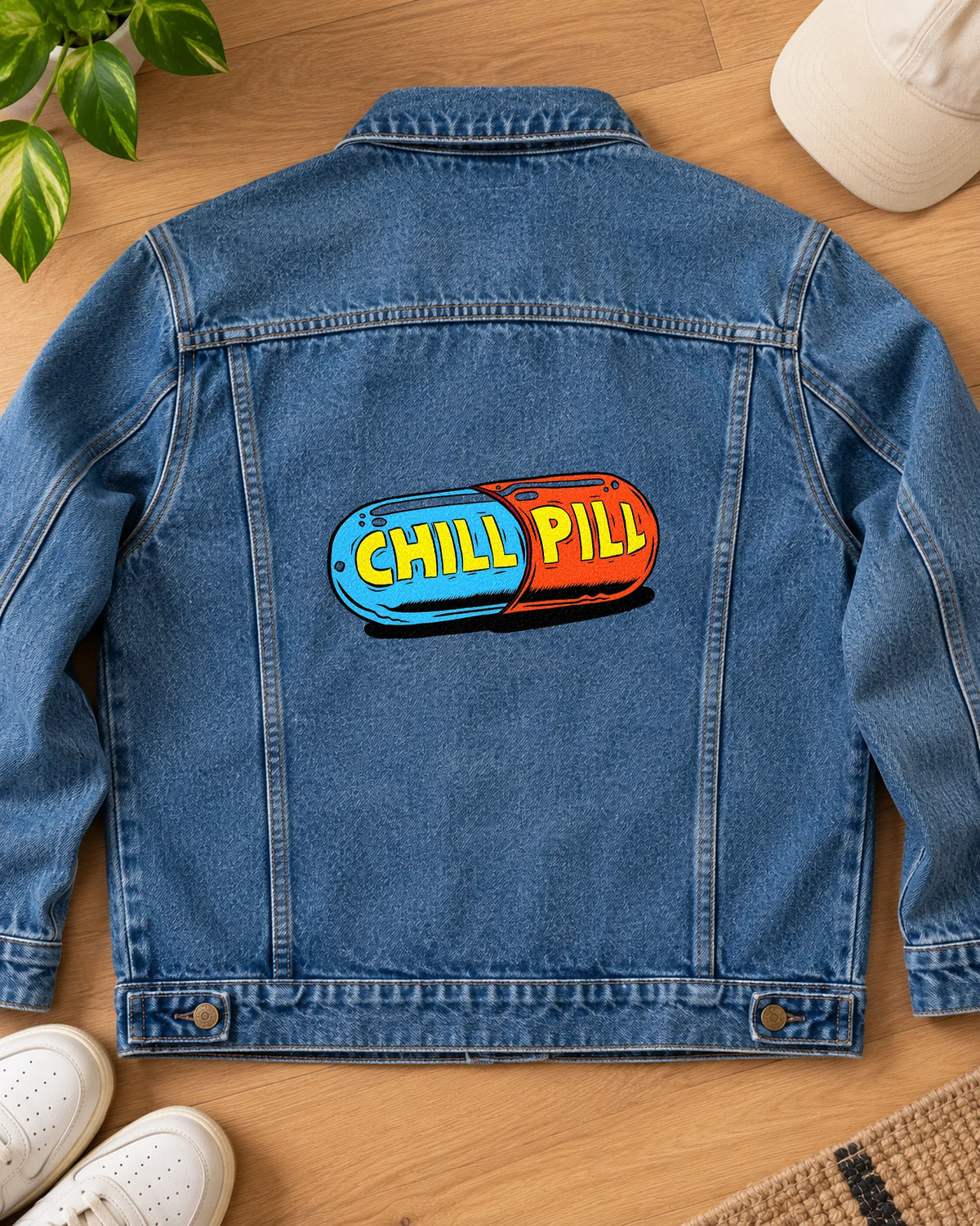 Chill Pill iron-on patch on clothes