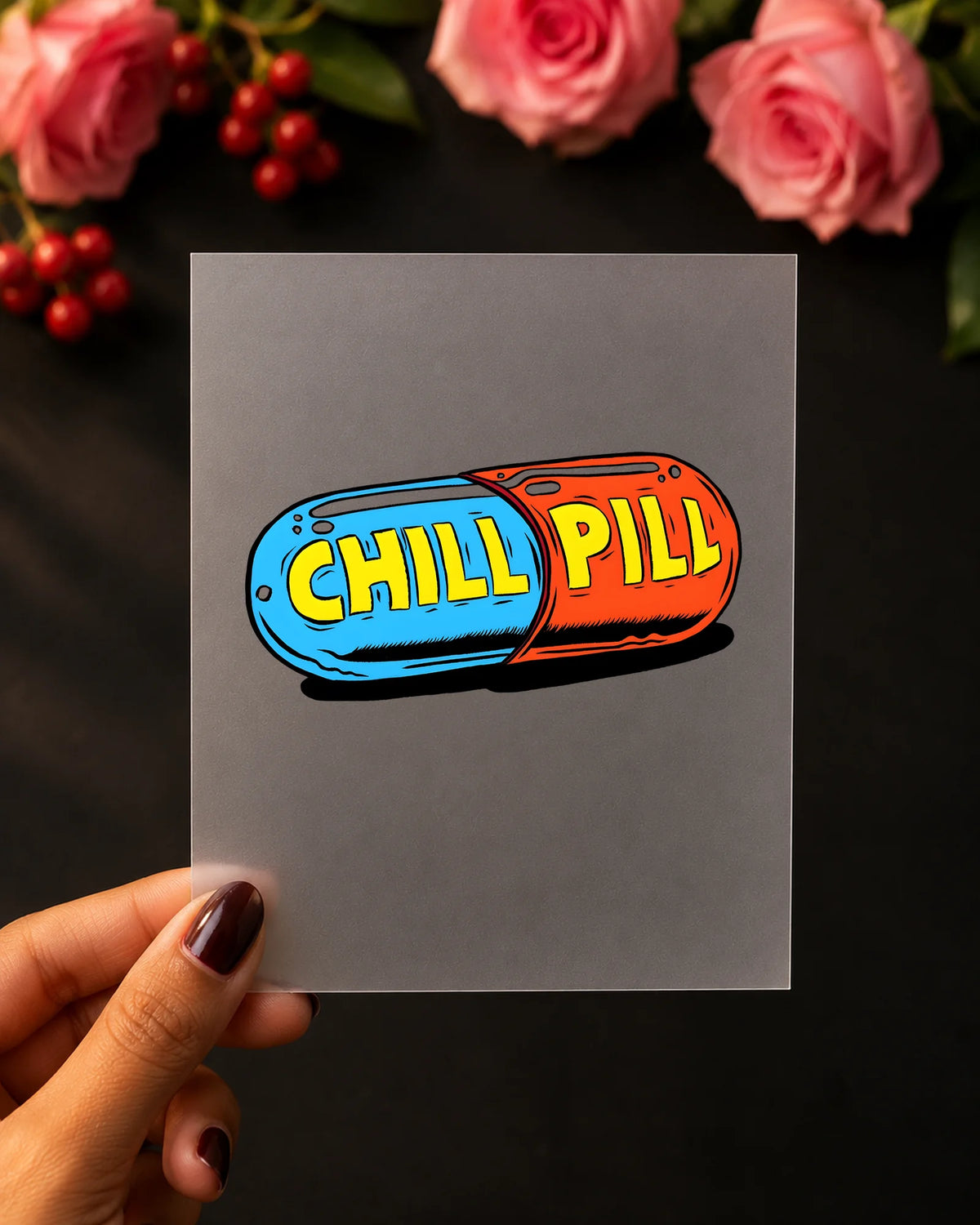 Chill Pill iron-on patch on clothes