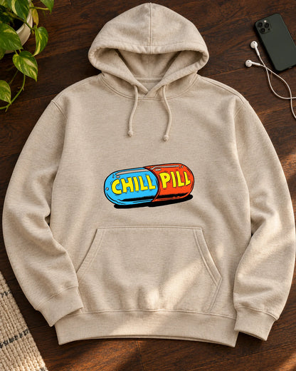 Chill Pill iron-on patch on clothes