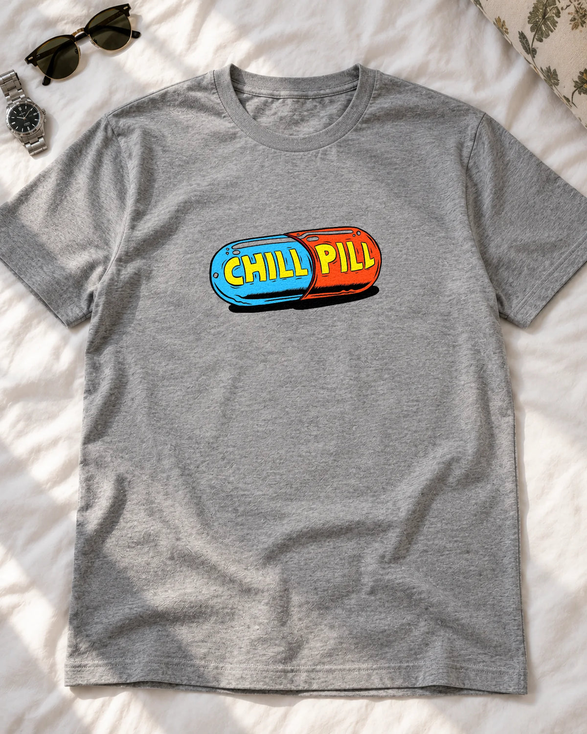 Chill Pill iron-on patch on clothes