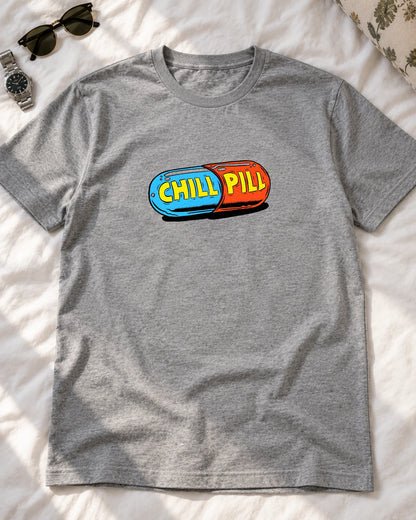 Chill Pill iron-on patch on clothes