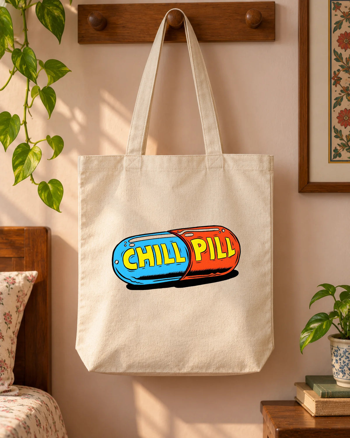 Chill Pill iron-on patch on clothes