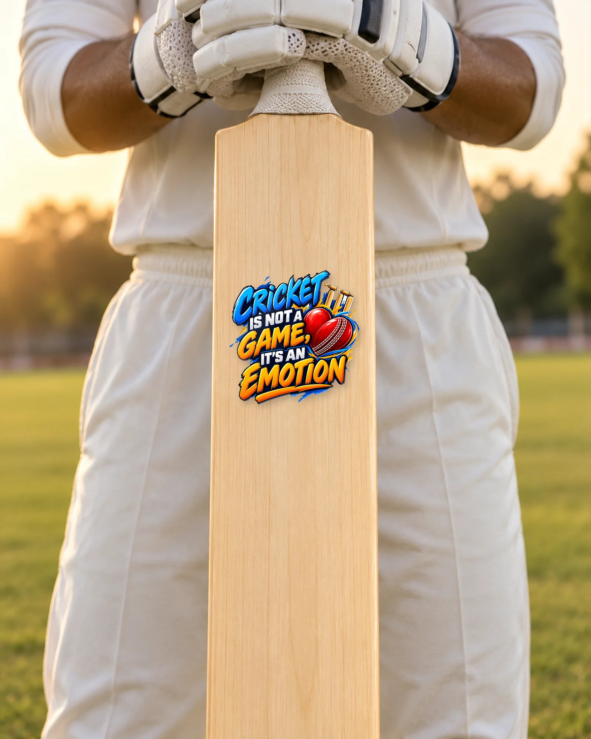 Cricket Is Emotion bat patch, batsman holding the bat
