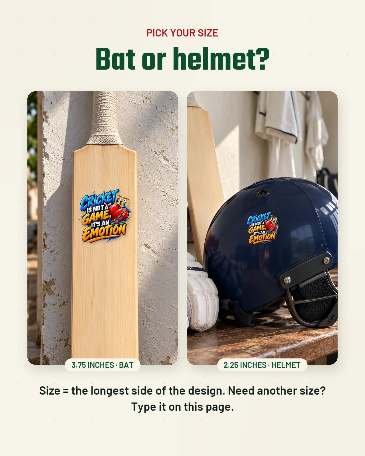 Cricket Is Emotion size guide: bat and helmet